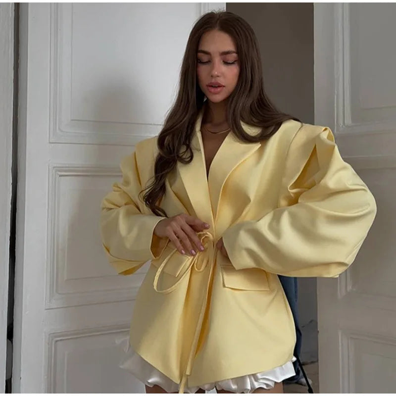 Floral Printed Blazer Jacket Women Fashion Lapel Long Sleeve Lace Up Waist Coats Autumn Lady Shoulder Pads Outerwear Blazer