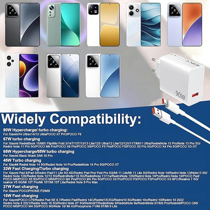 90W Turbo Fast USB Charger For Xiaomi 13 14 15 Ultra 15T 17 Pro Redmi Note 14 Pro POCO F6 F7 X6 X7 Pro Type C Quick Charge Cable