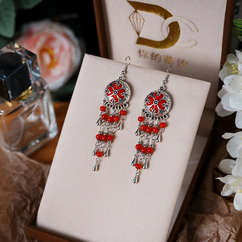 Vintage Ethnic Style Metal Tassel Water Drop Earrings for Women Round Drop Glaze Crystal Beads Handmade Earring Female Jewelry