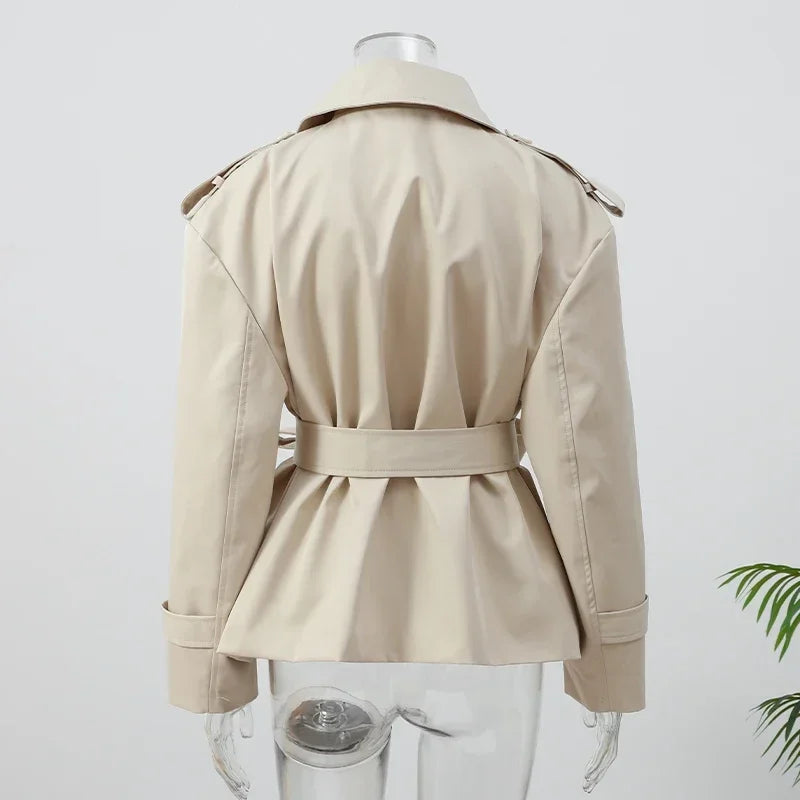 Solid Belted Waist Short Trench Coat Women Chic Wide Lapel Epaulet Detail Loose Long Sleeve Coats Fall Daily Commuter Outerwear