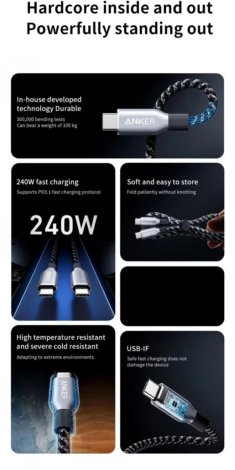 Anker Prime USB C to USB C Cable, 240W 3ft 6ft Fast Charging USB C Cable, Upcycled-Braided Nylon With 100-Year Bend Durability