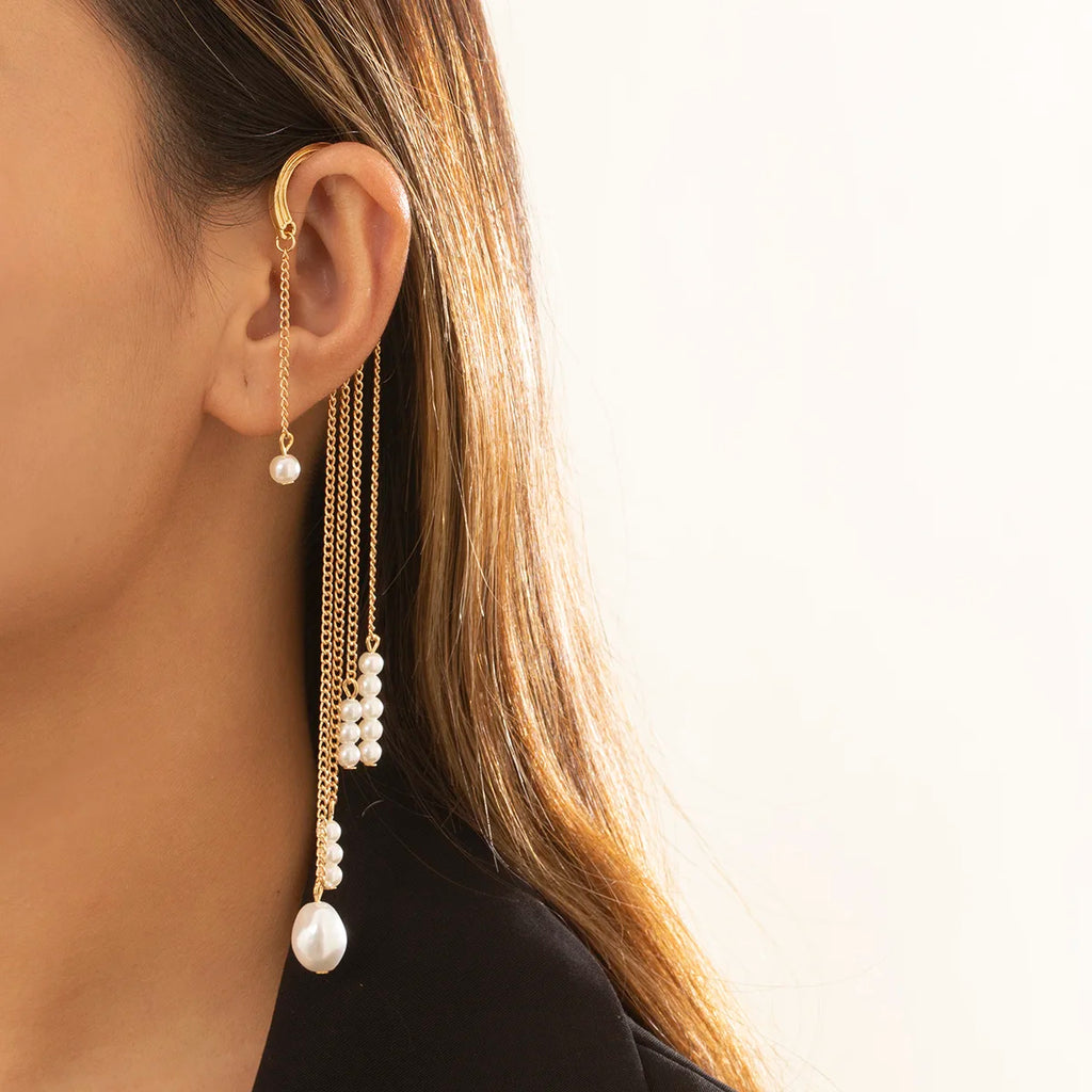 IngeSight.Z 1PC Imitation Pearl Sequins Long Tassel Earrings Kpop Arc Ear Hanging Fake Cartilage Clip Earrings Jewelry Accessory