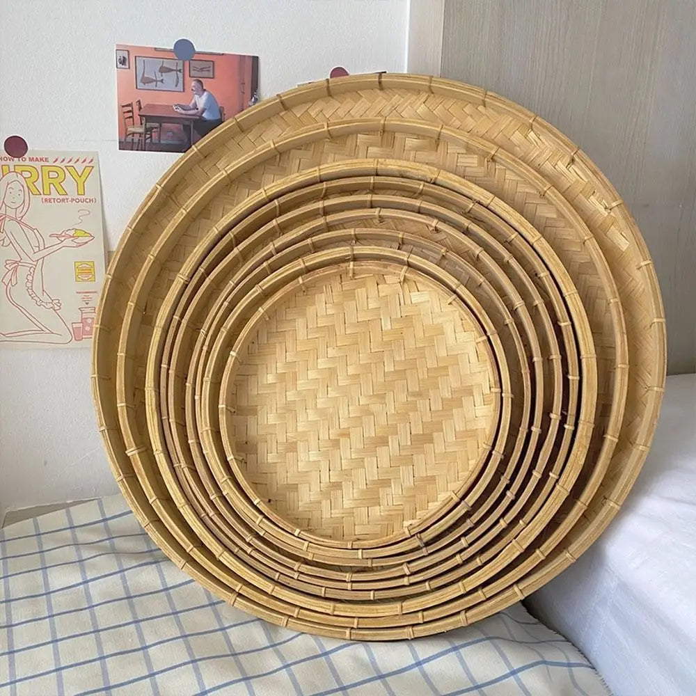 4 Size Hand-woven Bamboo Sieve Hand-painted Bamboo Raft Round Dustpan DIY Decorative Fruit Bread Basket Kitchen Storage Tray