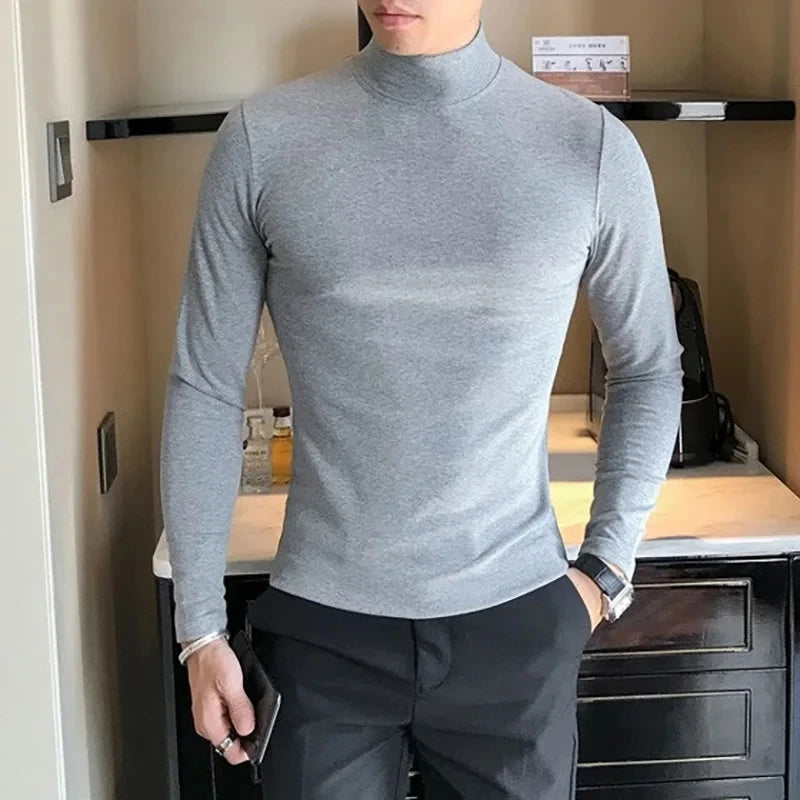 2025 Autumn Winter Men's High Neck T-shirt Male Slim Fit Fashion High Elastic Long Sleeve Casual Breathable Apparel Pullover