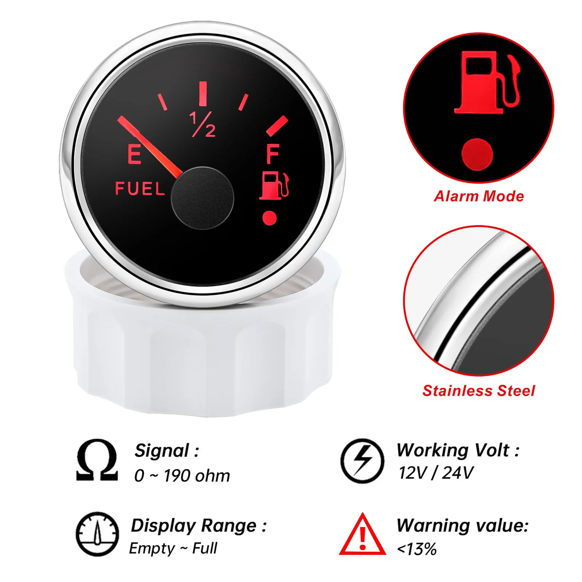 52mm Fuel Level Gauge 0-190ohm Fuel Meter With Alarm Function For Marine Boat Car Yacht 7 Color Backlight Oil Tank Indicator