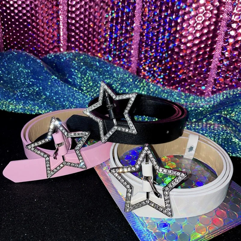 Y2K Belts for Women Spice Girls Pink Black White Belt Denim Star PU Leather Rhinestones Belt Ins Sweet Cool Corset Jeans Belts