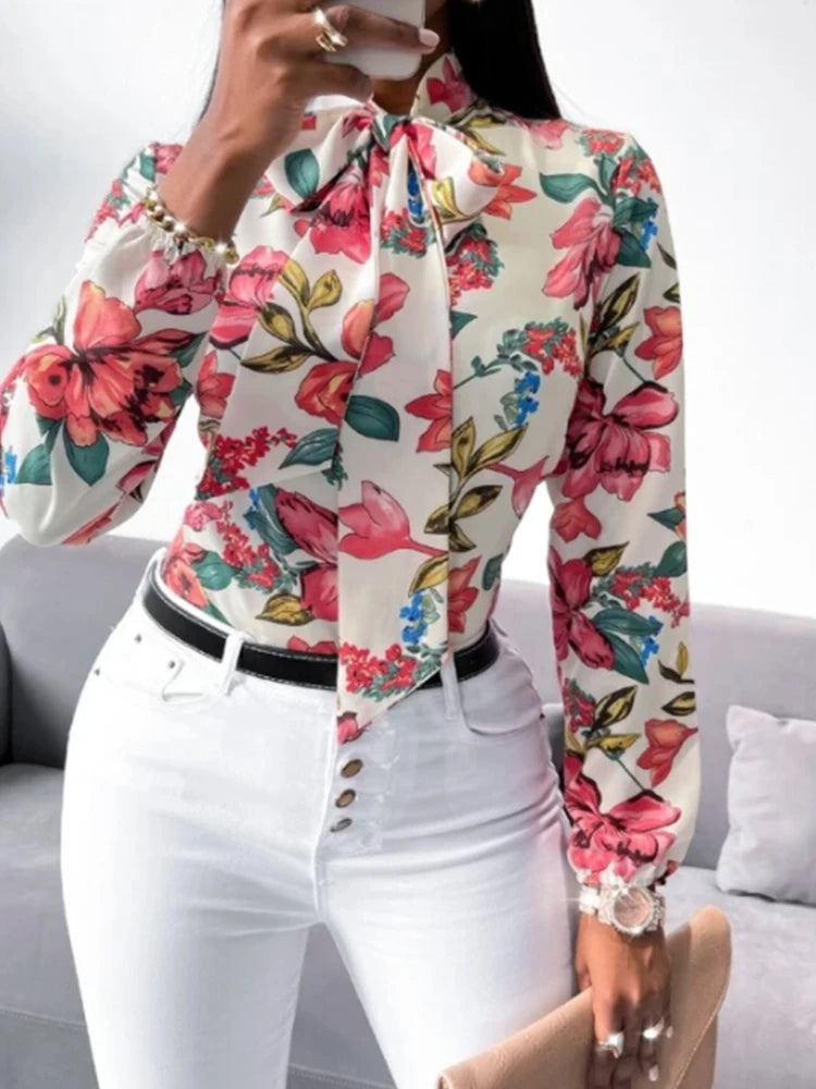 Women's Fashion Work Clothes Floral Print Bow Tie Shirt Fashion Office Dress up Women's Business Casual Clothing