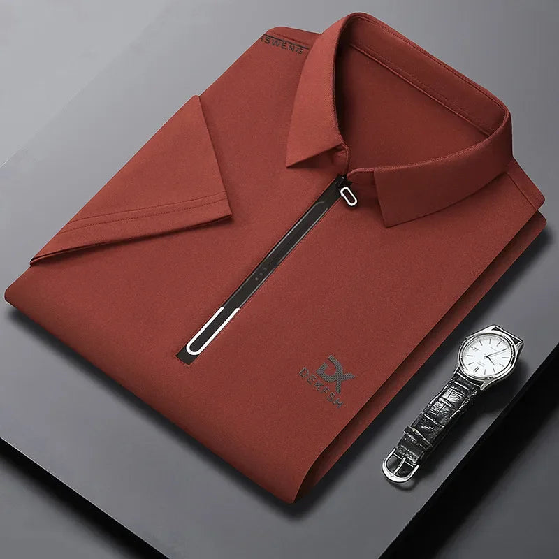 New Men's Business Casual Zipper Short Sleeve Solid Color Polo Shirt Fashionable Warm Comfortable Four Seasons Versatile Top