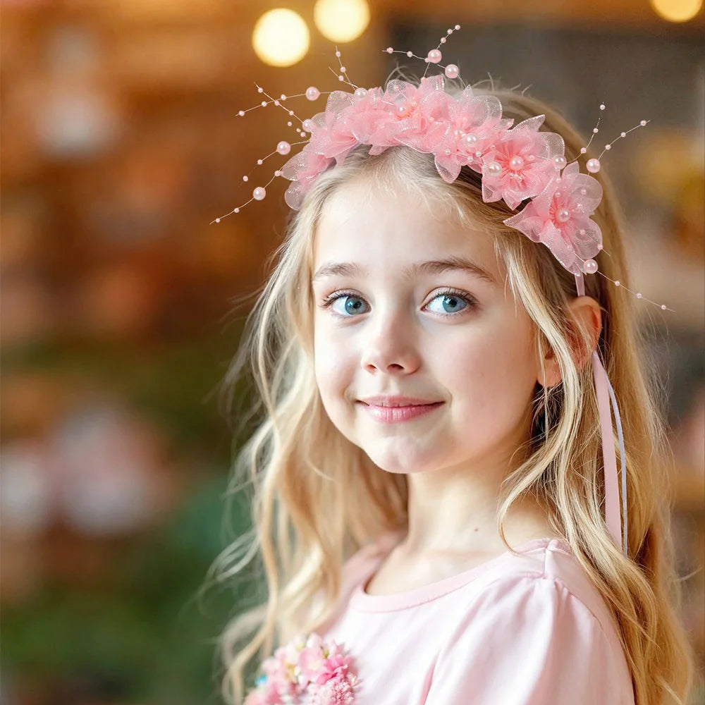 Fairy Flower Headband Sweet Lovely Girl Lace Floral Pearls Hair Hoop For Princess Wedding Birthday Headwear Accessories Gifts