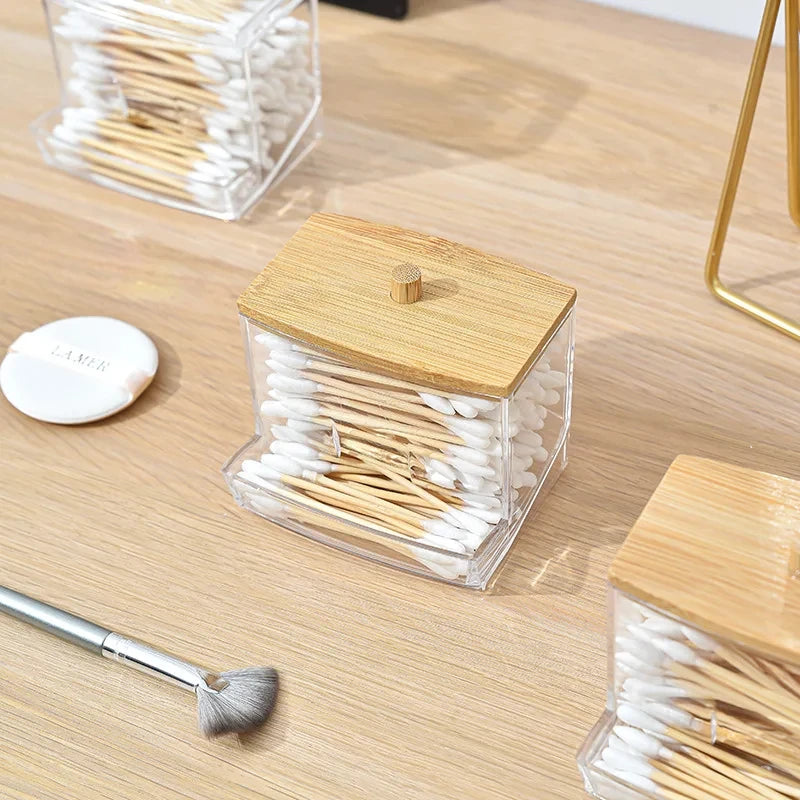Cotton Swab Storage Box Double Head Wood Baby Cotton Swabs Transparent Square Bamboo Cover Cotton Buds Toothpick Organizer