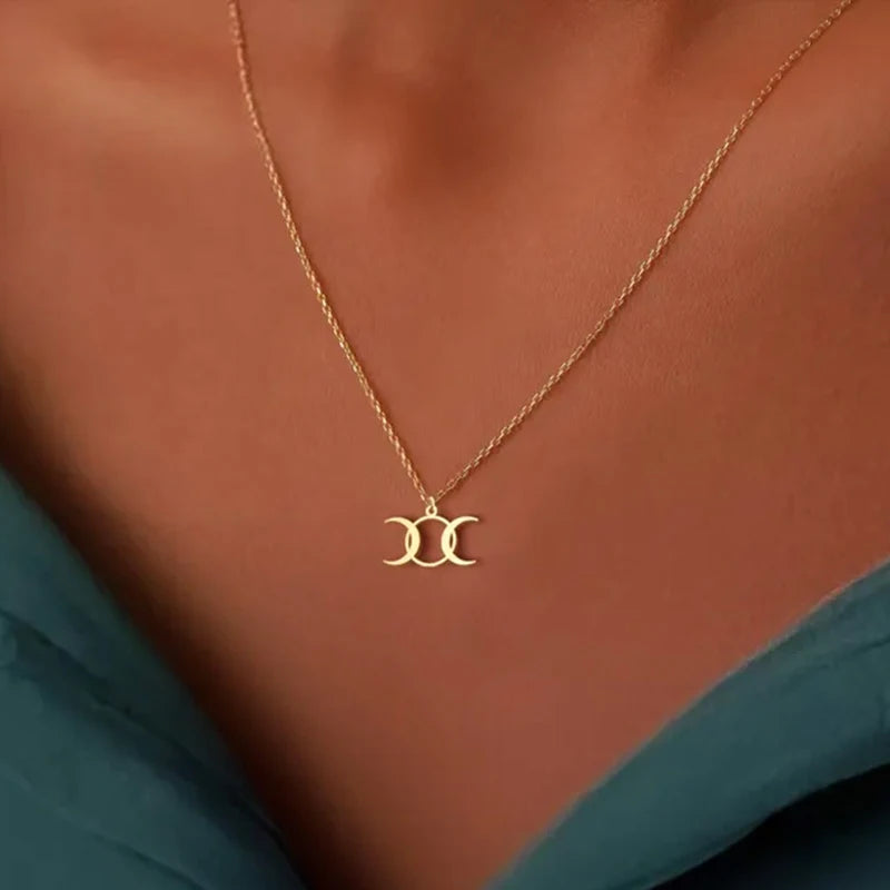14k Gold Plated Triple Moon Goddess Necklace Stainless Steel Wiccan Moon Phases Pendant Symbol of Feminine Power Jewelry