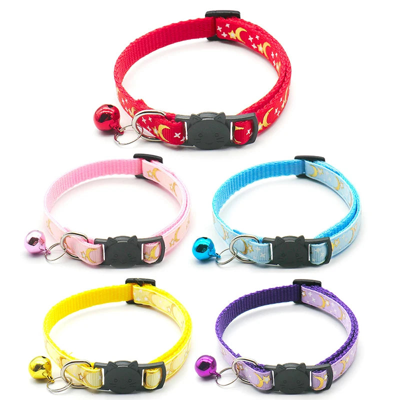 New Gold Stars and Moon Cat Collar with Reflective Safety Buckle and Bell Adjustable Cats And Small Dogs Collars