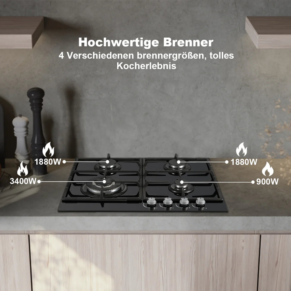 ‌58cm Gas Hob | 4 Burner Dual Fuel (NG/LPG) 8060W Auto Flame Shut-off & Tempered Glass Surface | Built-in/Freestanding 220-240V