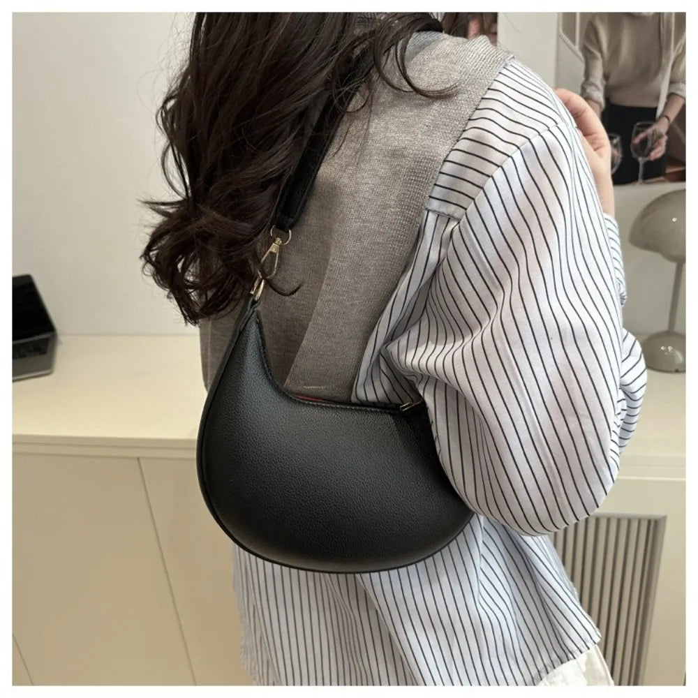 Casual PU Leather Shoulder Bag Moon-shaped Large Capacity Underarm Bag Solid Color Tote Handbag Women's Handbags