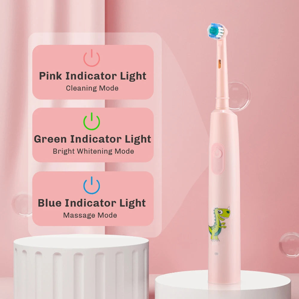 Smart Electric CleaningToothbrush For Children 4Pcs Brush Heads Round Rotating  3 Cleaning Modes Soft Bristles Teeth Brush