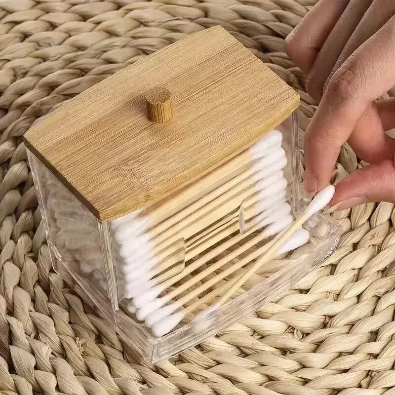 Square Bamboo Cover Double Head Cotton Swab Storage Box Cotton Buds Container Transparent Cotton Swab Toothpick Organize Box
