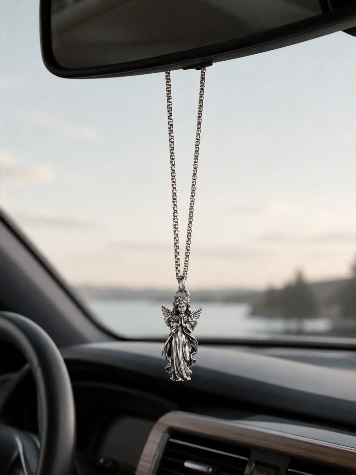 Angel Pendant Car Rearview Mirror Hanging Ornament, Silver-Tone Religious Guardian Angel Charm with Chain, Universal Fit for Aut