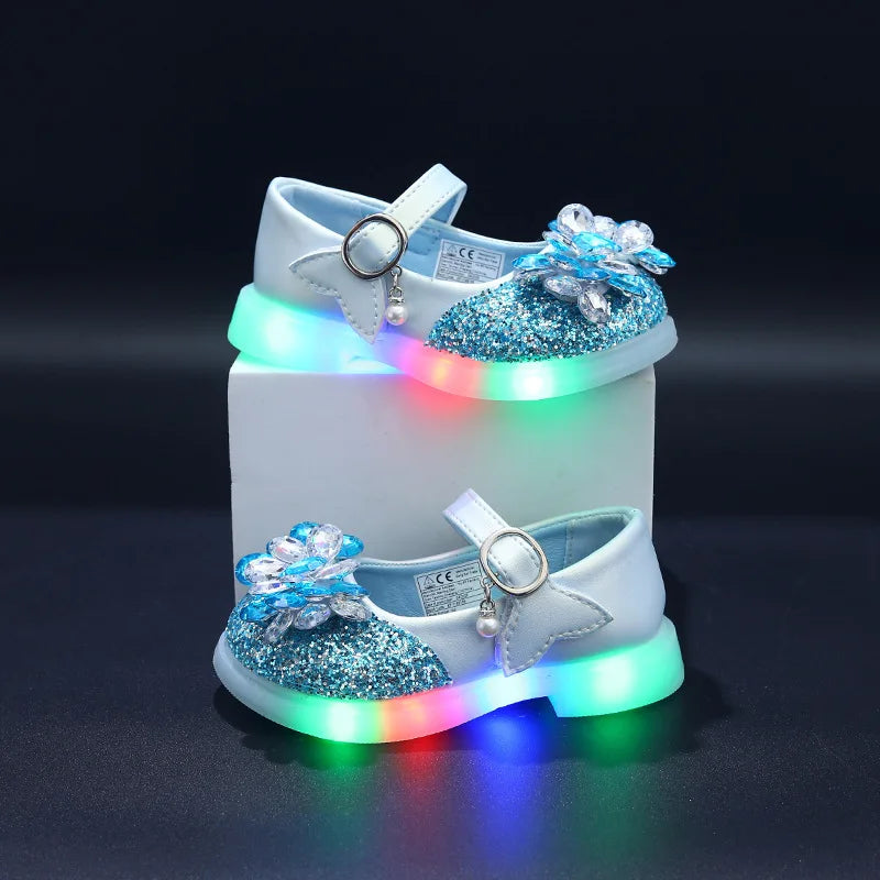 Kids'Casual Shoes Girls Led Light PU Leather Spring Fashion Crystal Flat Bottom Anti-slip Soft Bottom Blue Pink Silver