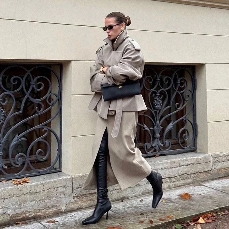 Solid Belted Waist Short Trench Coat Women Chic Wide Lapel Epaulet Detail Loose Long Sleeve Coats Fall Daily Commuter Outerwear
