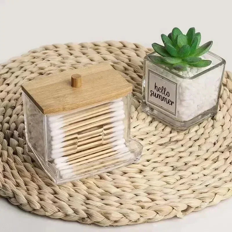 Square Bamboo Cover Double Head Cotton Swab Storage Box Cotton Buds Container Transparent Cotton Swab Toothpick Organize Box