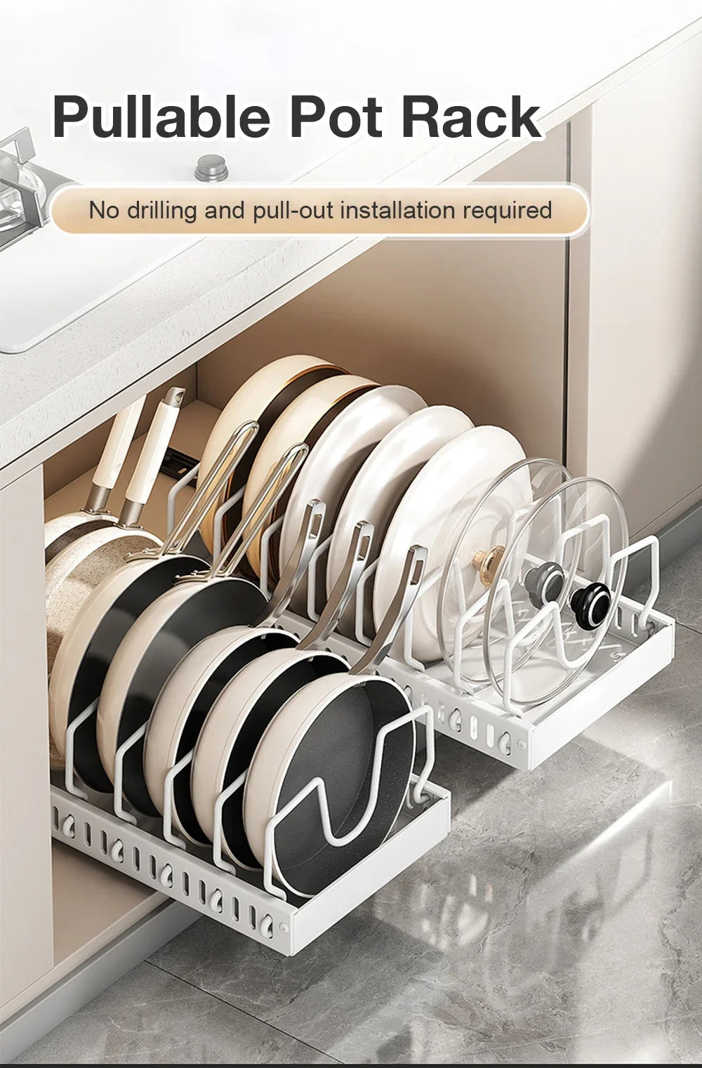 Pull‑out Sliding Kitchen Storage Rack Multifunctional Drawer Organizer for Pan Lids Spices Bowls Plates Cookware Storage