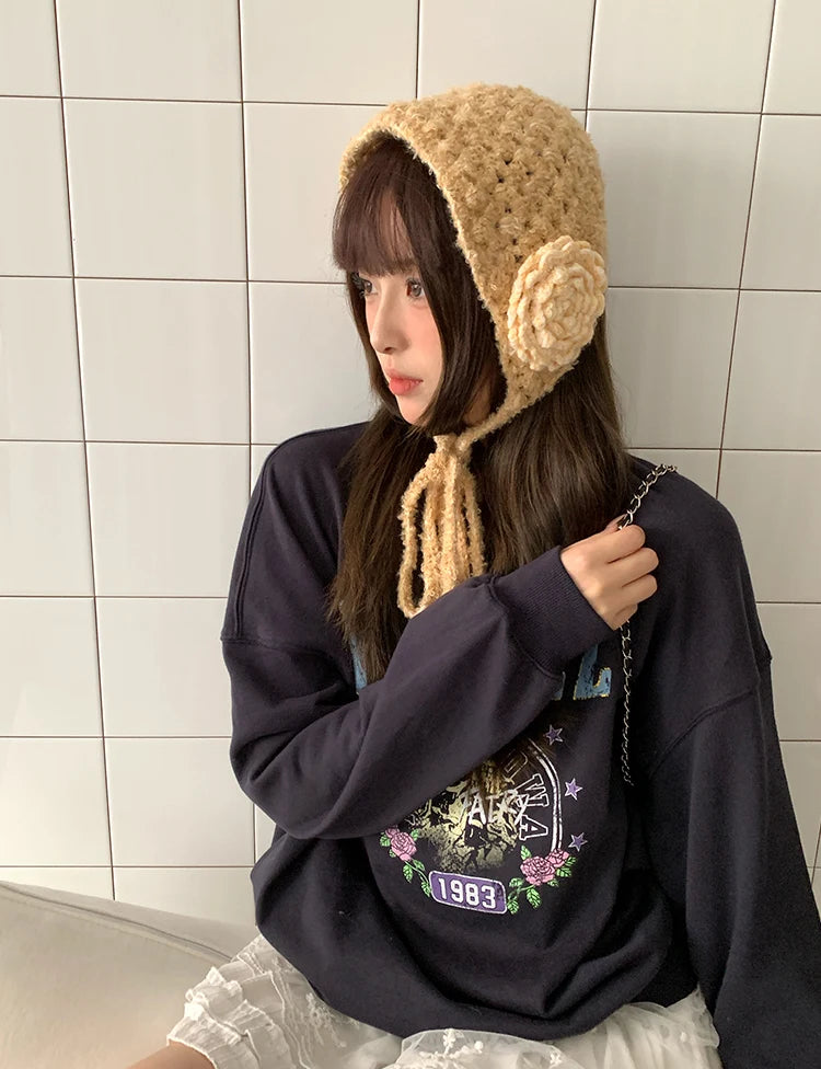 Sweet And Lovely Three-Dimensional Flower Knitted Handmade Women's Autumn And Winter Atmosphere Warm Earmuffs