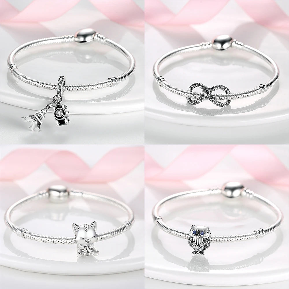 Original Inlaid Zircon Charm Beads 925 Silver Color Love Heart Snake Dangle Bead Fit Bangle Bracelet Pendant Jewelry Fine Gift