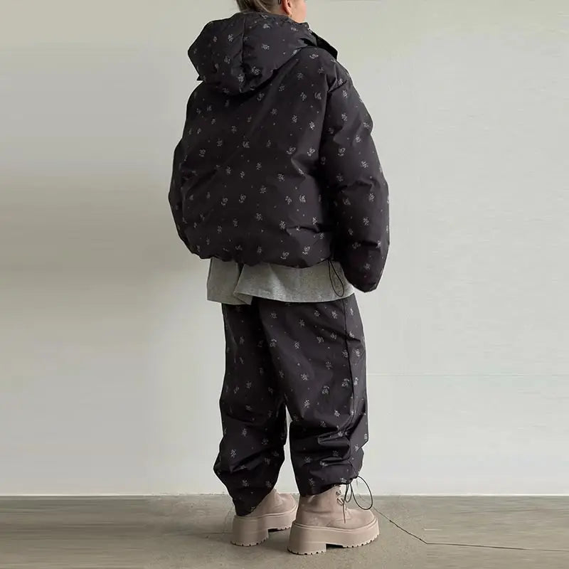 Chic Striped Hooded Puffer Coat Set Women Quilted Full Sleeve Zip Jacket Wide Leg Pants 2026 New Lady Autumn Winter Warm Outfit