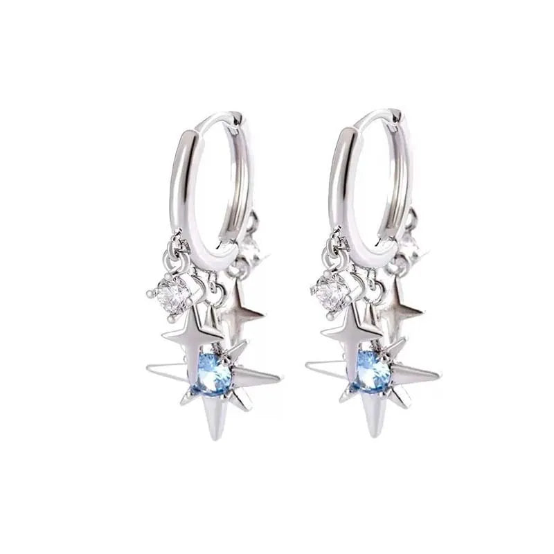 New Y2K Blue Zircon Star Tassel Pendant Earrings For Women Men Silver Color Ear Buckle Jewelry Gift Accessories Wholesale Sales