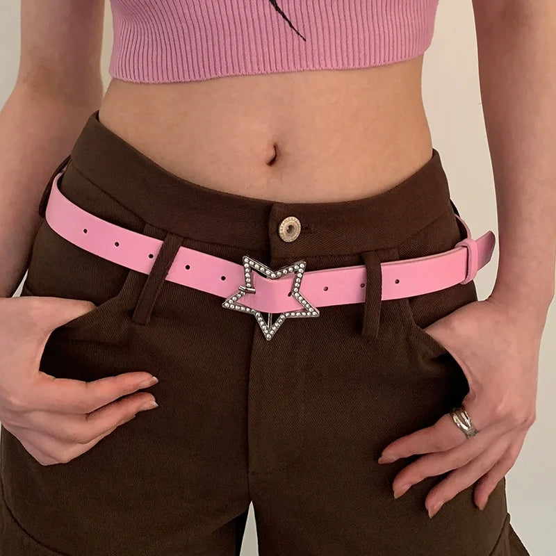 Y2K Belts for Women Spice Girls Pink Black White Belt Denim Star PU Leather Rhinestones Belt Ins Sweet Cool Corset Jeans Belts