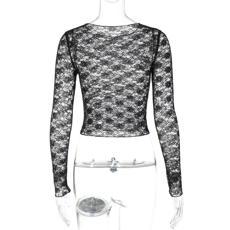 Mooyufon Long Sleeves See Through Lace Crop Top Solid Sexy Bodycon T-Shirt For Women Party Club Autumn Winter Clothes