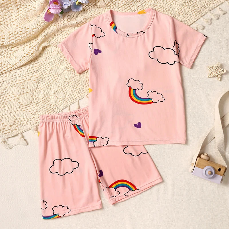 2-pcs Children's Summer Fashion Print Home Clothes Suit Boy Comfortable Joker Dinosaur Short-sleeved Girl Sweet Pink Shorts Suit