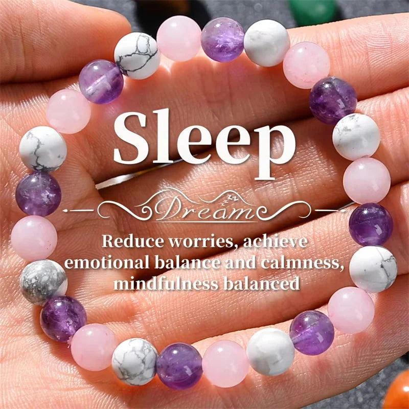 1pc Fashionable Aura Balancing Sleep Bracelet, 8mm Natural Stone Sleep Bracelet - White Turquoise - Amethyst - Rose Quartz