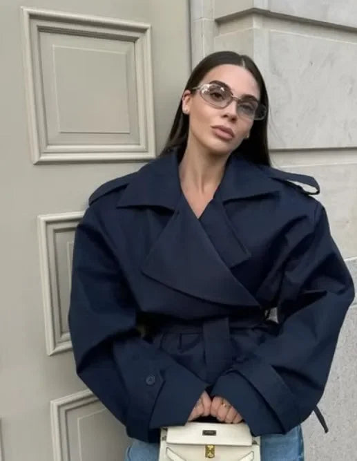 Solid Belted Waist Short Trench Coat Women Chic Wide Lapel Epaulet Detail Loose Long Sleeve Coats Fall Daily Commuter Outerwear