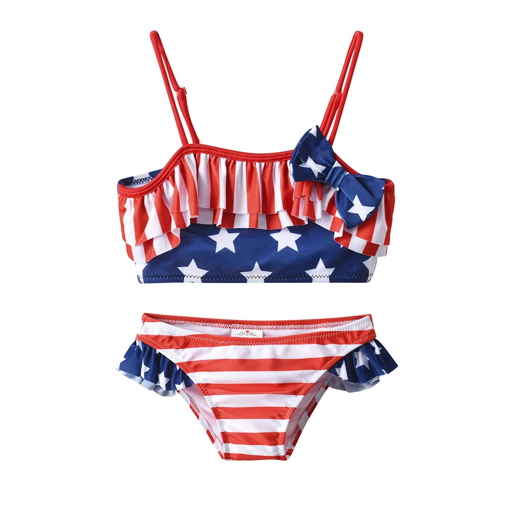 DXTON Girls 2 pcs Swimwear Suit Kids Flag Print Stars Stripe Swimsuit Children Bikini Sets for Summer Beachwear Bathing suit