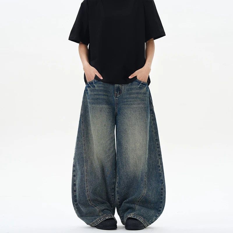 2025 Spring New Men's Jeans Oversized Wide Leg Pants Loose Vintage Patchwork Lightning Cracked Denim Trousers Streetwear Male