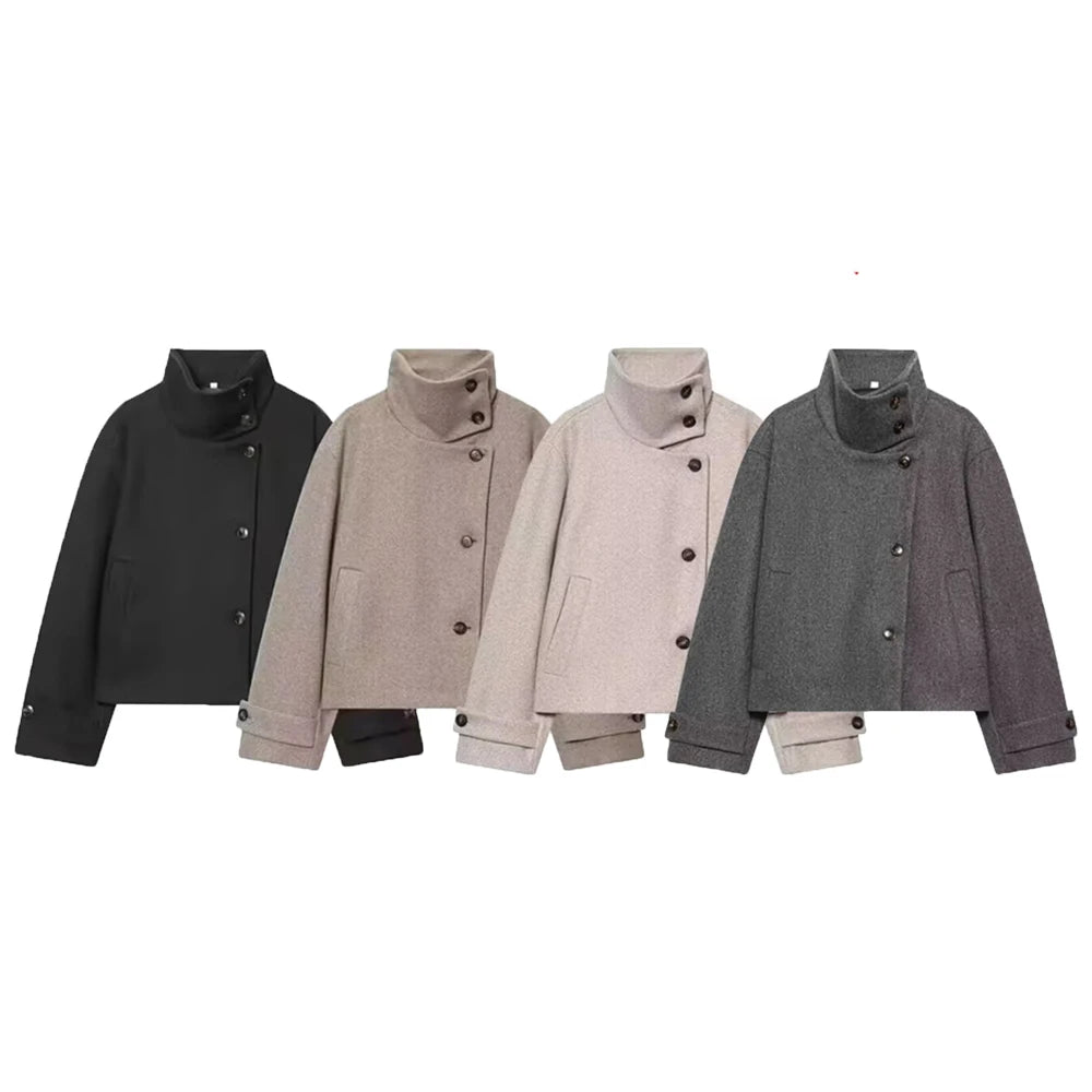 European and American 2025 Winter New Women's Loose and Casual Style Simple Long Sleeve Buckle Stand up Collar Coat