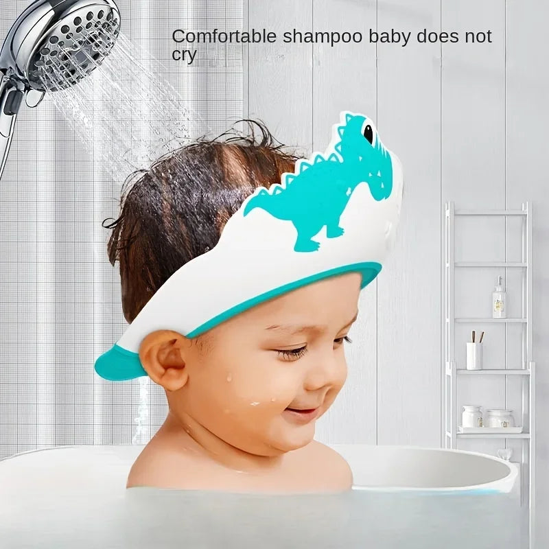 Gorro de Champô Impermeável de Borracha Macia para Bebé Artefacto de Banho para Criança Gorro de Lavagem de Cabelo com Proteção Auricular Ajustável Padrão de Dinossauro