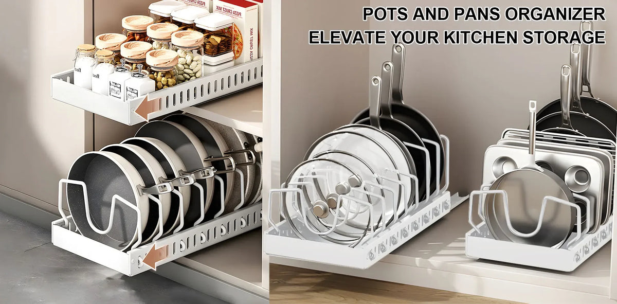 Pull‑out Sliding Kitchen Storage Rack Multifunctional Drawer Organizer for Pan Lids Spices Bowls Plates Cookware Storage
