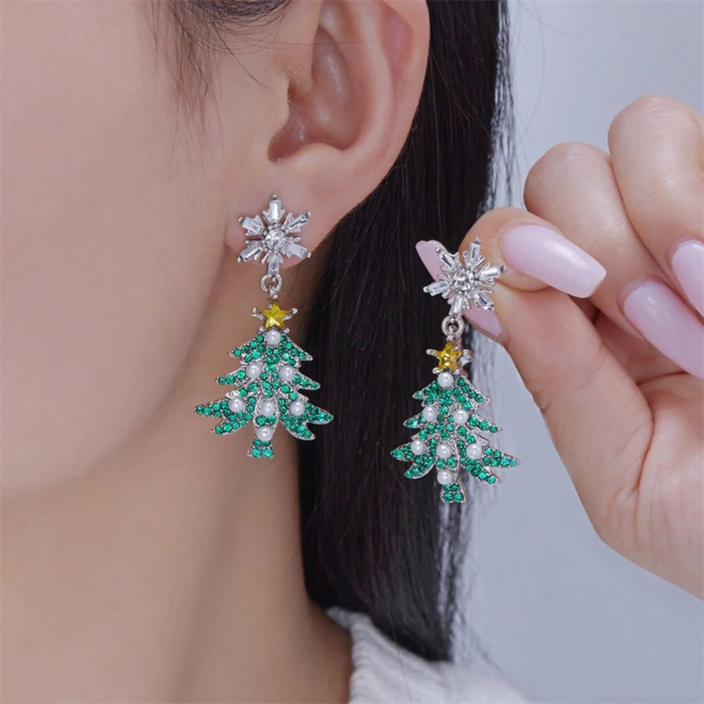 Christmas Earrings Rhinestone Imitation Pearl Snowflake Xmas Tree Star Bell Drop Holiday Dangle Party Jewelry Gift For Women Men