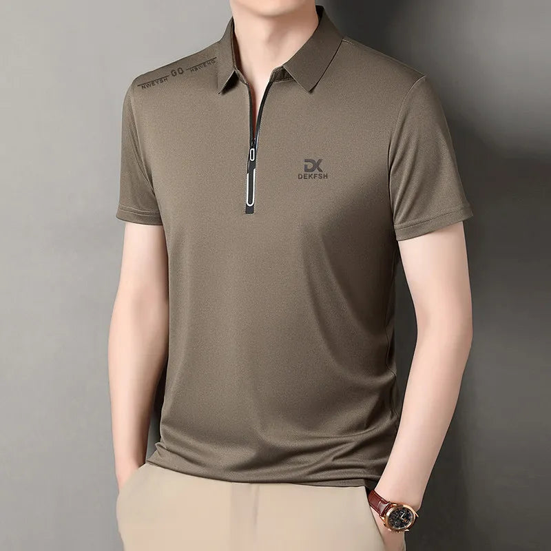 New Men's Business Casual Zipper Short Sleeve Solid Color Polo Shirt Fashionable Warm Comfortable Four Seasons Versatile Top