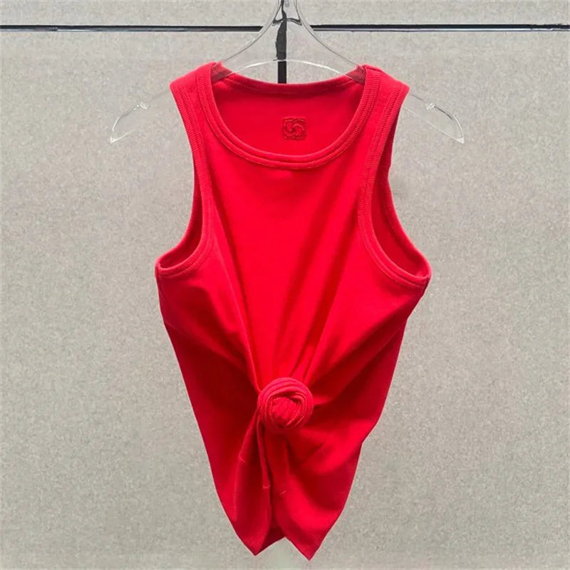 Women t-shirts New twisted flower knotted sleeveless top for summer 2025 Elastic slim pure cotton women's vest corset crop top