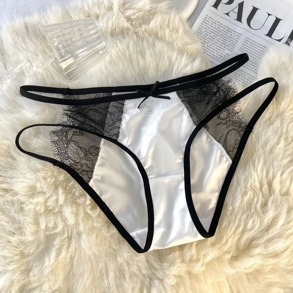 Cute Low Waist Underwear for Women Bow Transparent Sweet Lace Panties Hollow Mesh Satin Silk Briefs Female