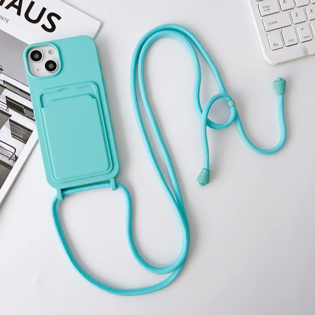 Crossboby Lanyard Rope Phone Case with Card Holder For iPhone 17 16 E 15 14 13 12 11 Pro Max Necklace Strap Soft Silicone Cover