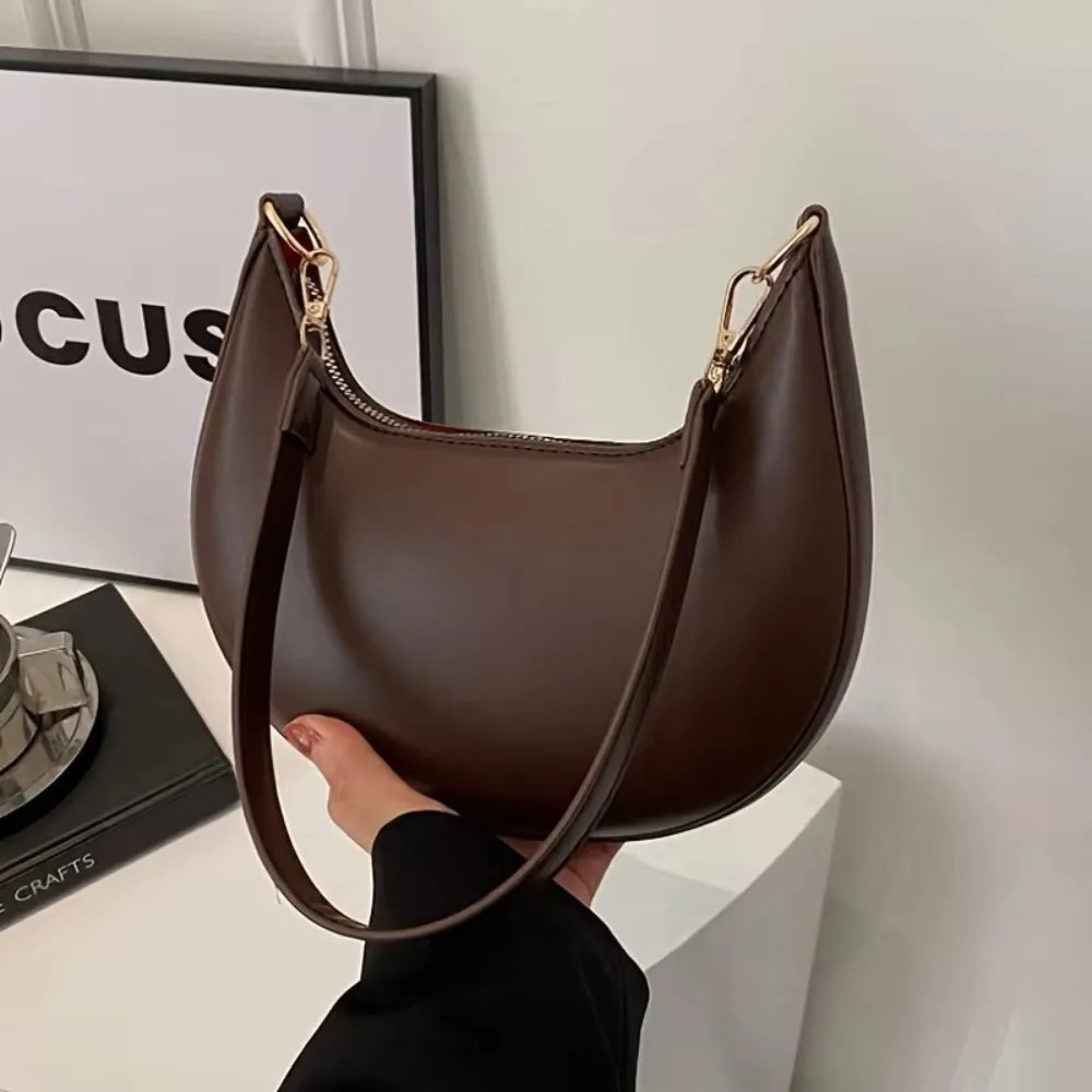 Casual PU Leather Shoulder Bag Moon-shaped Large Capacity Underarm Bag Solid Color Tote Handbag Women's Handbags