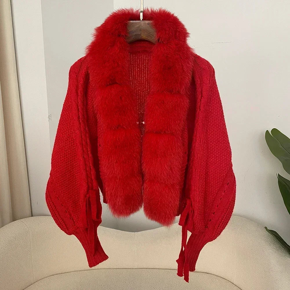 2024 Winter New Fashion Knitting Cardigan Placket Coat Women Casual Real Fox Fur Coat Short Warm Knitted Jacket with Natural Fur
