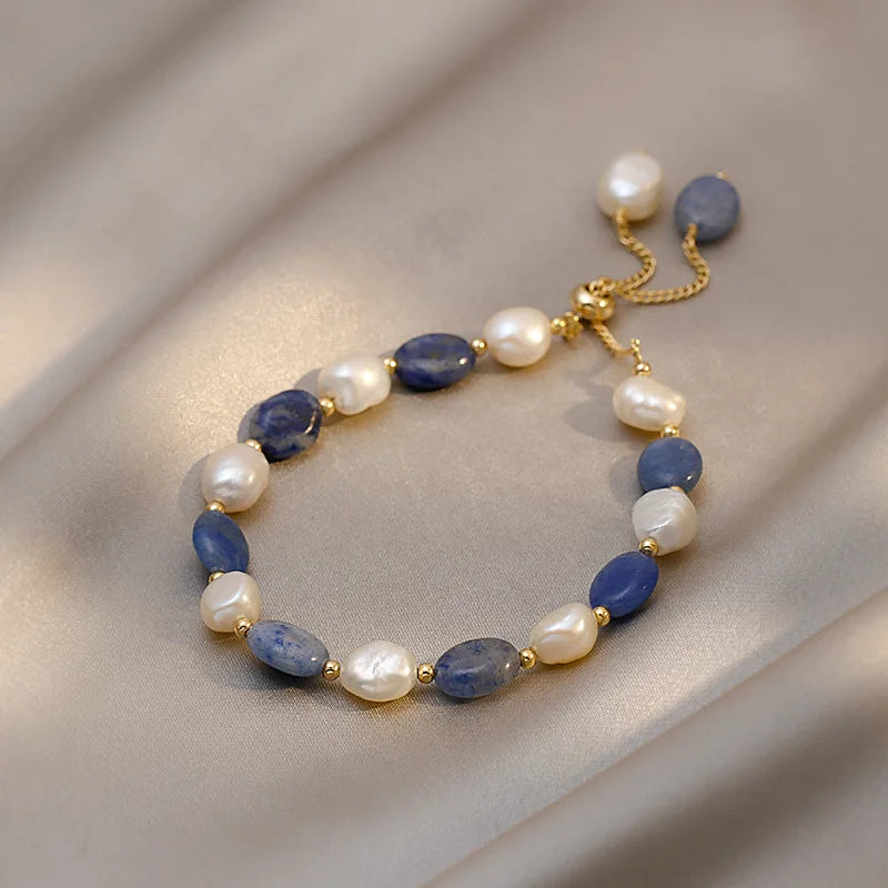 Trendy Blue Jade Stone & Baroque Freshwater Pearl 14K Gold Filled Female Charm Bracelet Jewelry For Women Birthday Gifts
