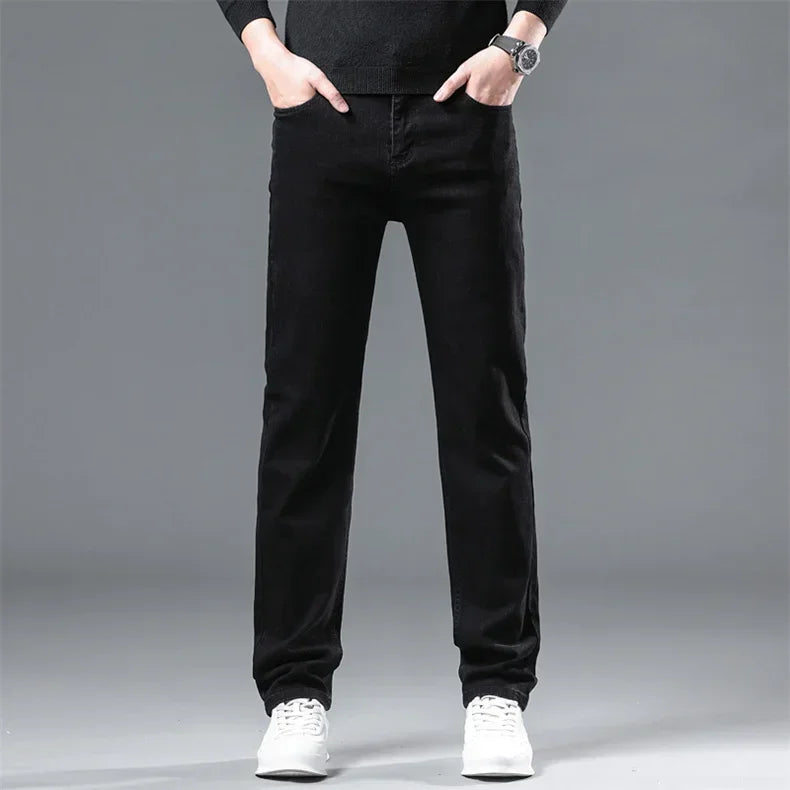 2025 New Winter Men Black Straight Stretch Denim Thick Velvet Pants Warm Jeans Casual Fleece Line Trousers Male Plus Size
