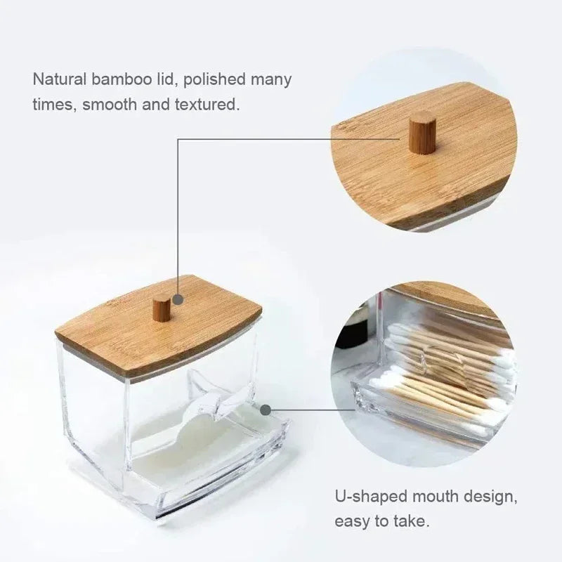 Square Bamboo Cover Double Head Cotton Swab Storage Box Cotton Buds Container Transparent Cotton Swab Toothpick Organize Box