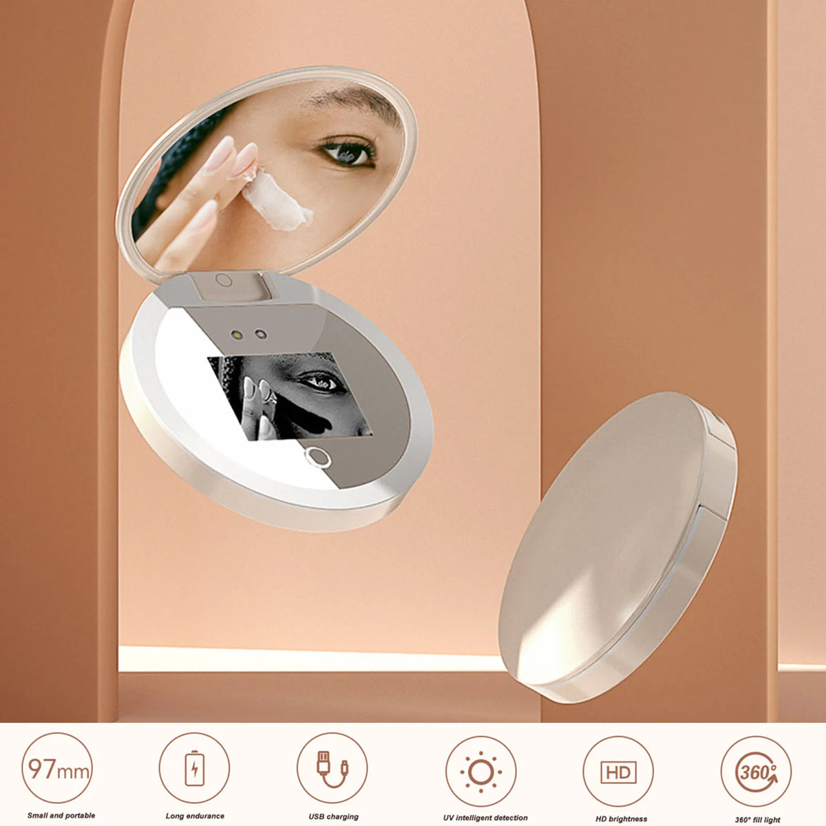 UV Mirror Sunscreen Testing Camera with Light 2X Magnification Travel Makeup 3.5in Pocket Size L